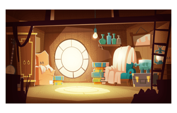 Download House Attic with Old Furniture, Dust Flying in the Air, Cartoon Vector Background - Round Collection